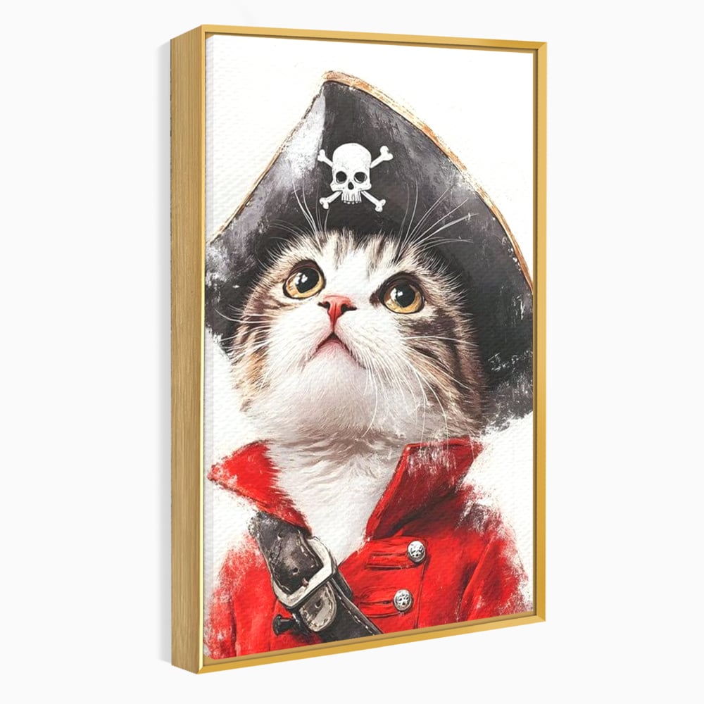 Tablou canvas cu tablou canvas cu motan pirat, in rama de aluminiu auriu